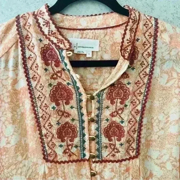 ANTHROPOLOGIE COLORFUL BOHO FLORAL EMBROIDERED FLOWING SUNDRESS SUMMER LONG SLEE - Picture 2 of 13